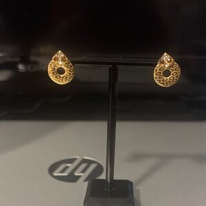 New Gold Tone Teardrop Leopard Print Stud Earrings with Crystal Accent